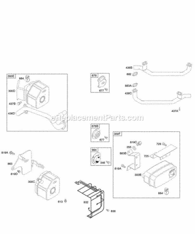 Exhaust Manifolds Mufflers Diagram and Parts List for 350776-1046-A2  Briggs and Stratton Engine